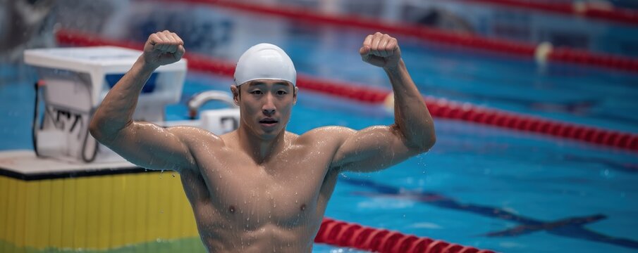 Male swimmer celebrating victory with arms raised in indoor pool arena