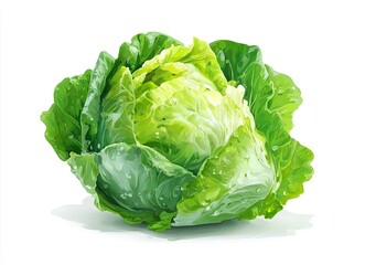 Fresh head of crisp lettuce, vibrant green, detailed illustration
