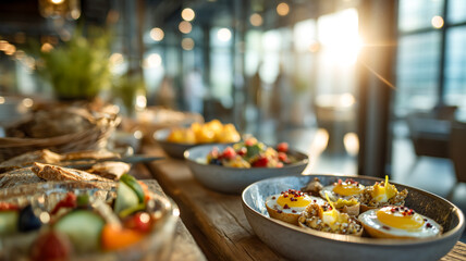 An array of colorful breakfast dishes on a wooden table bathed in natural sunlight.  Variety of healthy food options are available.