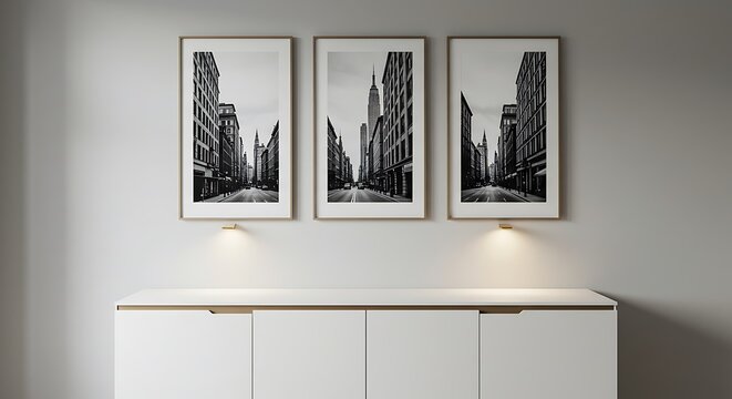 Fototapeta Mockup triptych of black and white cityscape photos displayed on a wall commercial usage