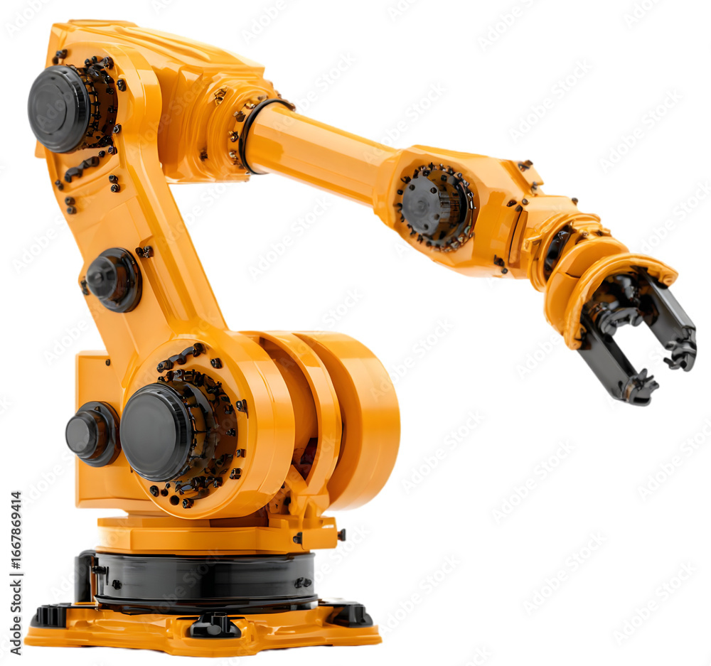 Poster industrial robotic arm in a manufacturing setting, demonstrating automation technology and efficienc