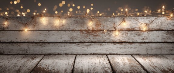 Warm holiday lights strung on weathered wood