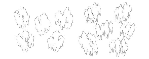 Minimal CAD-style outline drawings of people standing in groups, viewed from above in top perspective vector illustration