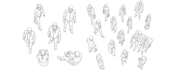 Minimal CAD-style outline drawings of people walking, standing, and sitting in various poses, shown from top view perspective, architectural vector illustration for design and planning projects