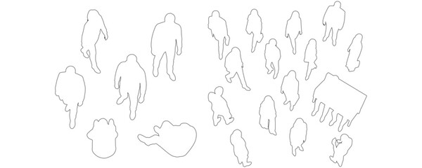 Minimal CAD-style outline drawings of people walking, standing, and sitting, viewed from above in top perspective vector illustration