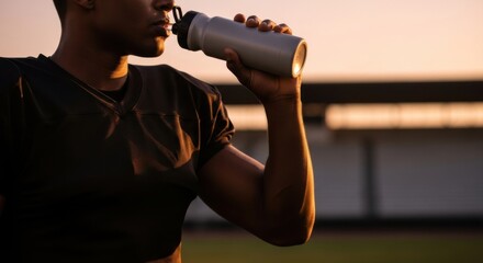 American football player drinking water. Man hydrating during workout. Thirsty athlete on field during sunset, recovery and rehydration after match.