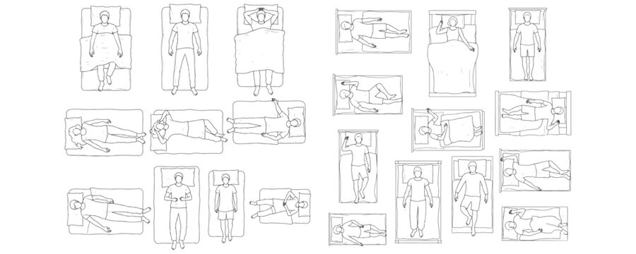 Minimal CAD-style outline drawings of people lying on beds in various sleeping positions, shown in top view perspective, vector illustration for architectural floor plans and interior design projects