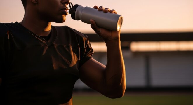 American football player drinking water. Man hydrating during workout. Thirsty athlete on field during sunset, recovery and rehydration after match.