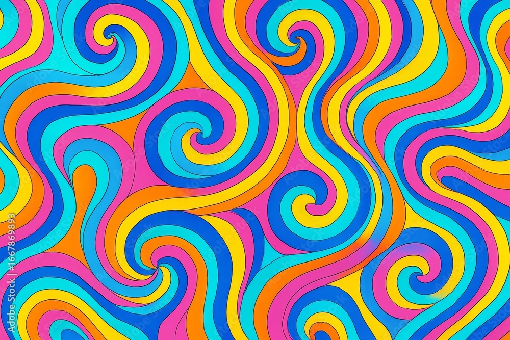 Poster abstract psychedelic swirl pattern with vibrant curved stripes in rainbow colors forming hypnotic wa