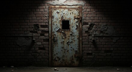 Old Rusted Metal Door with Peeling Paint in a Dark Grungy Brick Wall