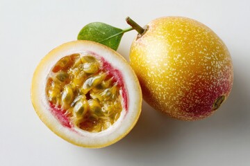 Two halves of a yellow passion fruit, vibrant colors, on a white surface