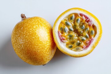 Two passion fruits, one whole, one halved, on a light background