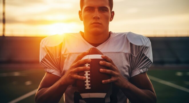 Young male american football player holding ball on stadium field at sunset with strong determined expression. Sportsman portrait for athletic competition.