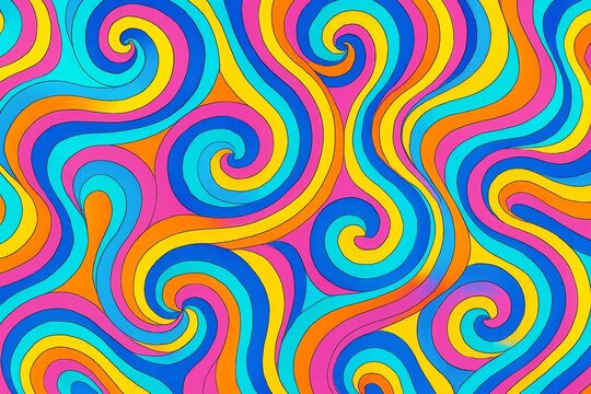 Abstract psychedelic swirl pattern with vibrant curved stripes in rainbow colors forming hypnotic wave motion on a colorful artistic background. Ai generative - Powered by Adobe