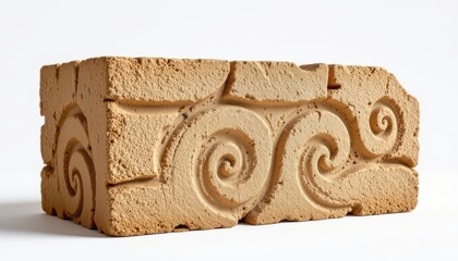 high quality visualization of a hempcrete mixture construction brick, highlighted with spiral fossil like pattern, styled in arched contour brick, and offering replaceable modular faces