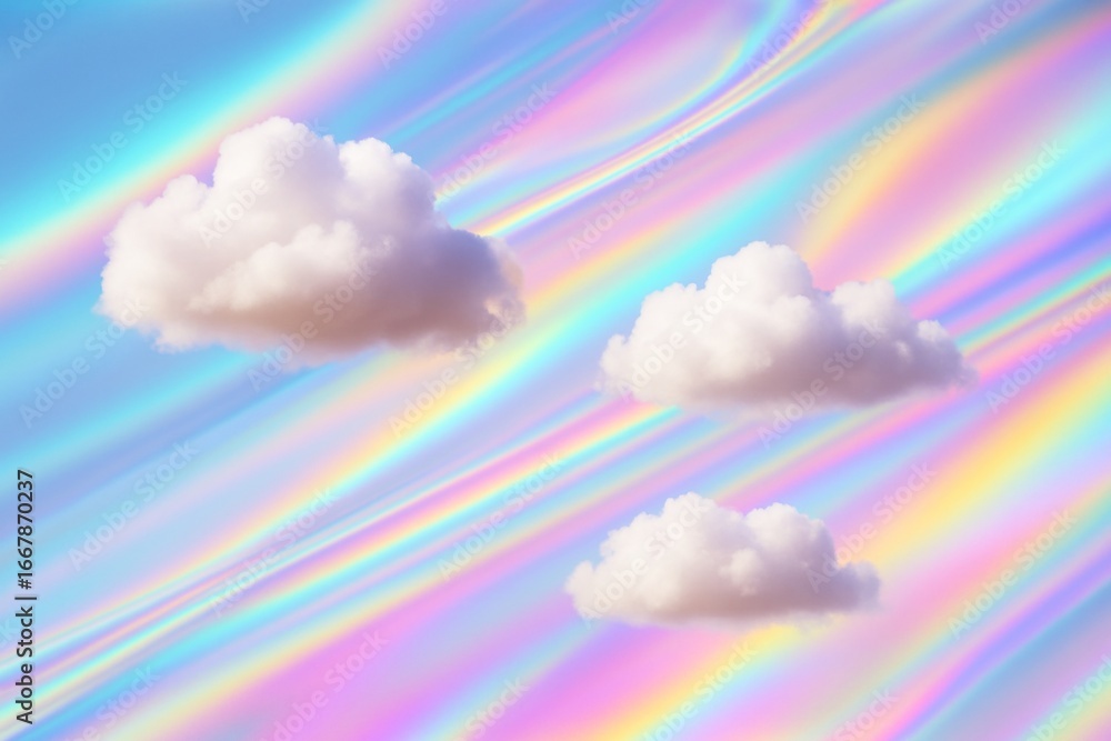 Poster fluffy white clouds floating on dreamy iridescent rainbow light background in abstract pastel sky co