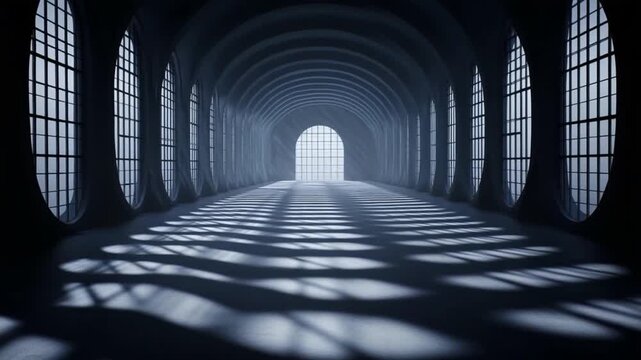 Empty, arched hall with oval windows, light streaming in
