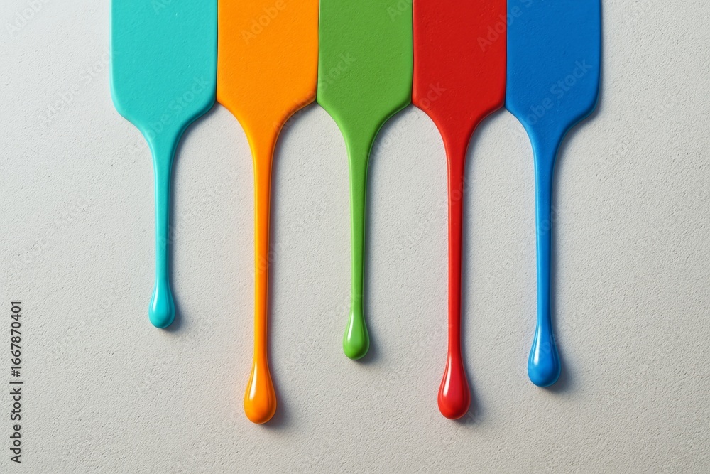Poster vivid multicolored paint drips forming vertical abstract design on textured light background in a pl