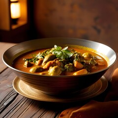 High-quality photograph of vibrant Indian curry in traditional bowl, 50mm lens shot with rustic wooden table, golden ambient light highlighting intricate spices and herbs.