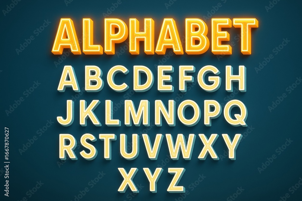 Poster glowing light-style alphabet letters set in uppercase on dark background for modern abstract typogra