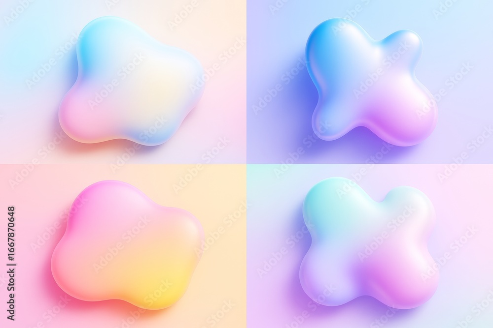 Poster abstract soft pastel fluid shapes in four quadrants with smooth gradients on colorful light backgrou