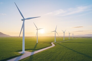 Wind turbines in green field with sunset background symbolizing renewable energy and sustainable environment concept in soft natural light style.