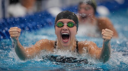Swimmer celebrating victory with triumphant pose in competitive swimming race pool