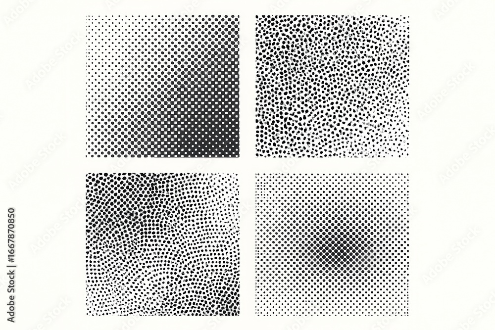 Poster abstract halftone dot textures in black and white squares with various density patterns on white bac