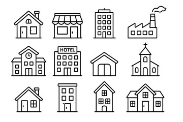 Fototapeta premium Building icon set. Simple line art collection of various buildings. House, real estate, store, office, hotel, school, factory and church. City architecture symbols vector.