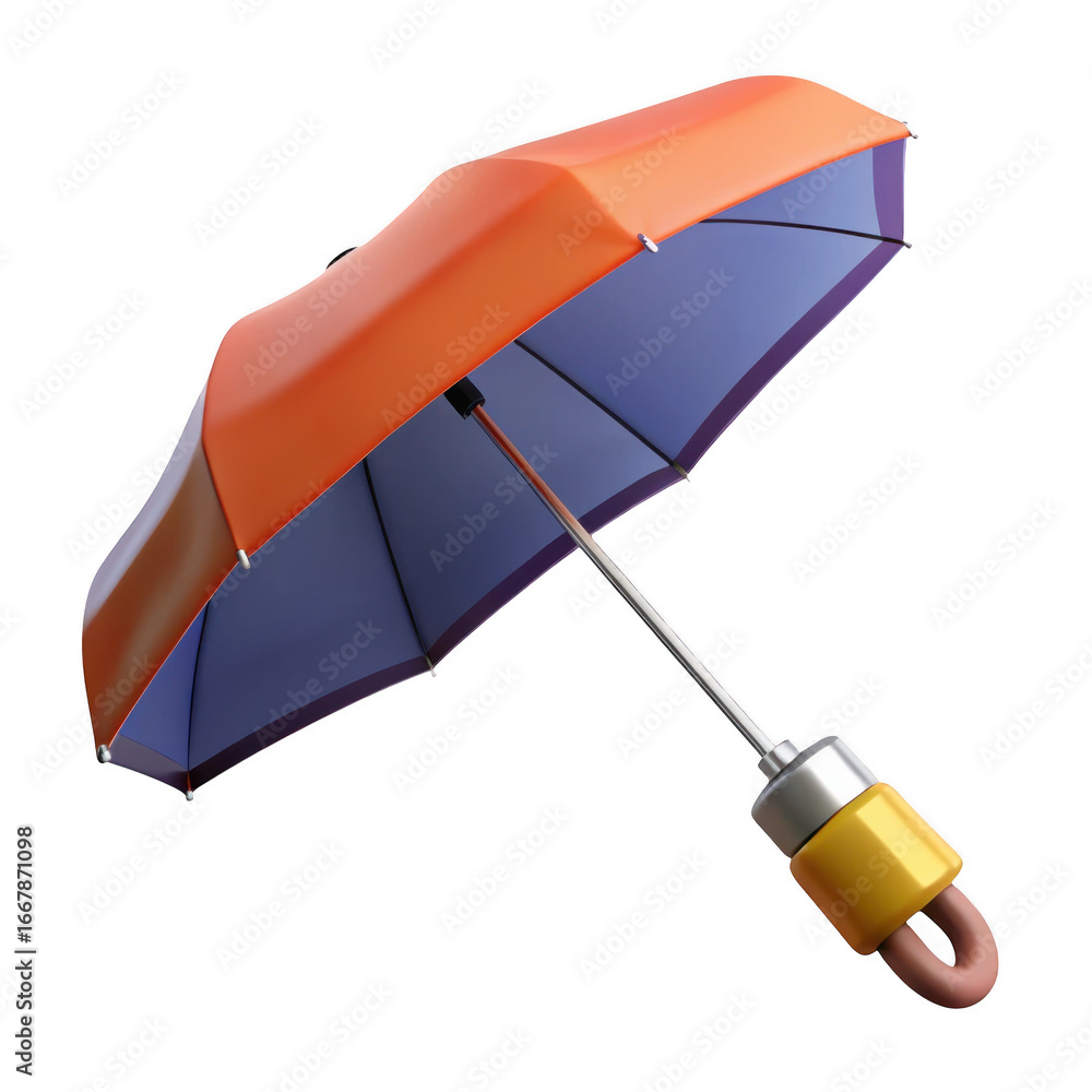 Poster 3d compact folding umbrella with yellow handle isolated on transparent background