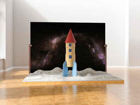 3d rendered symbolic rocket model on moon scenery indoors