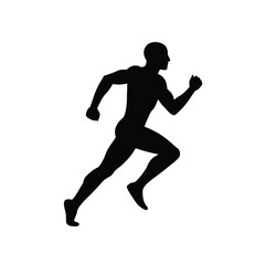 A striking 2D flat vector illustration of a human running silhouette, presented as a simple black shape with a clean, minimal aesthetic, conveying movement and athleticism.