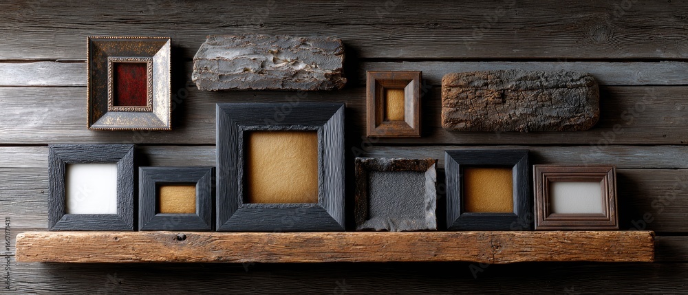 Poster decor rustic wallart concept. a collection of textured frames displayed on a rustic wooden shelf.