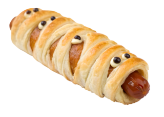 A close up of a mummy dog with eyes made of cream and chocolate, wrapped in pastry on transparent background