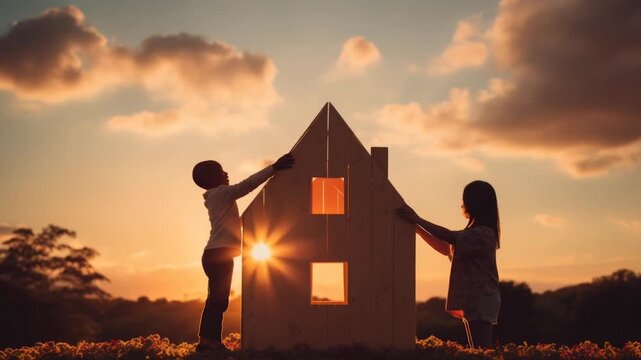 Silhouette of children standing beside house shape

