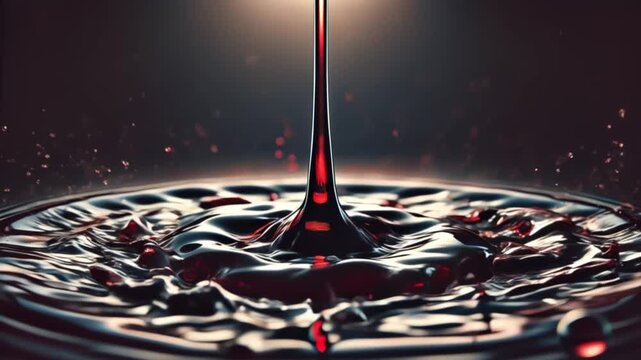 Macro shot video of water droplet splash in deep red wine tone with ripples and fluid motion
