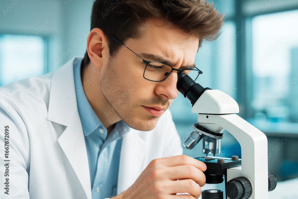 Poster scientist examining sample through microscope in modern laboratory with light background, focused on