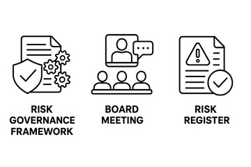 Enterprise risk management icon set. Thin line icons for ERM. Risk governance framework, board meeting, and corporate risk register. Business process and compliance vector.