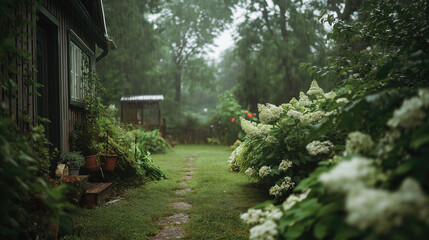 Summer rain falling on a lush green garden, romantic mood