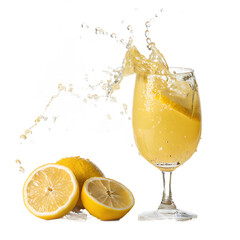 A glass of lemon juice with a splash surrounded by fresh lemons isolated on transparent background