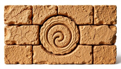 ultra sharp isolated sustainable brick created from wheat straw particle brick, designed with spiral fossil like pattern, shaped in triangular lattice block, including stackable alignment locks