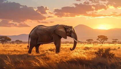 Naklejka premium Majestic African Elephant at Sunset in the Savanna.