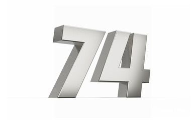 3d Silver number 74 Seventy four sleek metallic look isolated on white background, 3d illustration
