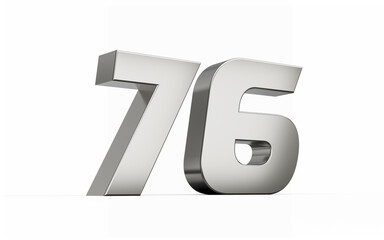3d Silver number 76 Seventy six sleek metallic look isolated on white background, 3d illustration