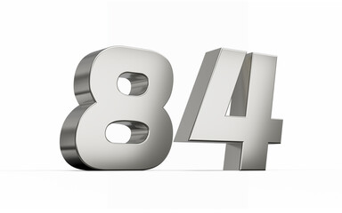 3d Silver number 84 Eighty four sleek metallic look isolated on white background, 3d illustration