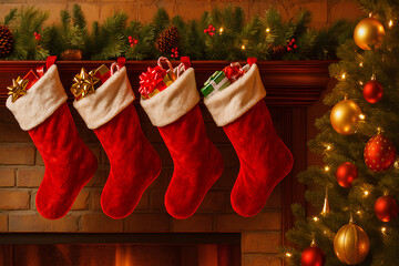Cozy Christmas scene with red stockings hanging on fireplace mantel, decorated with gifts, candy canes, pine garland, and Christmas tree ornaments