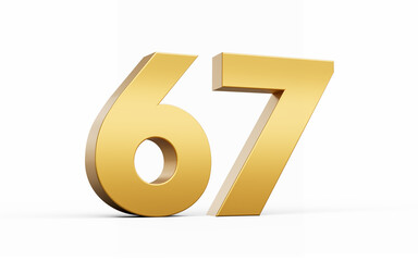 3D Golden number 67 Sixty seven isolated on white background, 3d illustration