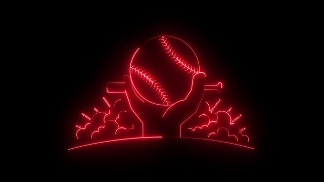 glowing neon hand holding Baseball, bat and cloud frame icon isolated with black background. neon baseball softball sport icon simple bat and ball template. hand on baseball icon. 4k video.