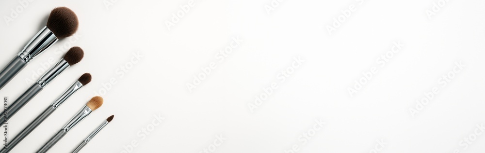 Poster makeup brushes neatly arranged on left side with empty white copyspace on right for advertising or d