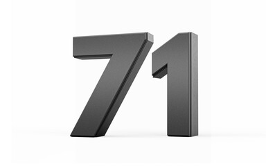 Sleek metallic Black number 71 Seventy one standing on a white background, 3d illustration